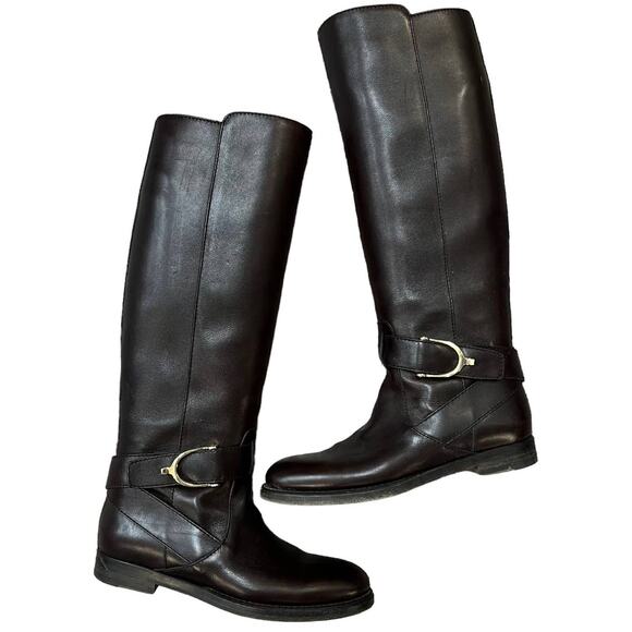 GUCCI Brown Leather Gold Harness Pull On Riding Boots 6.5